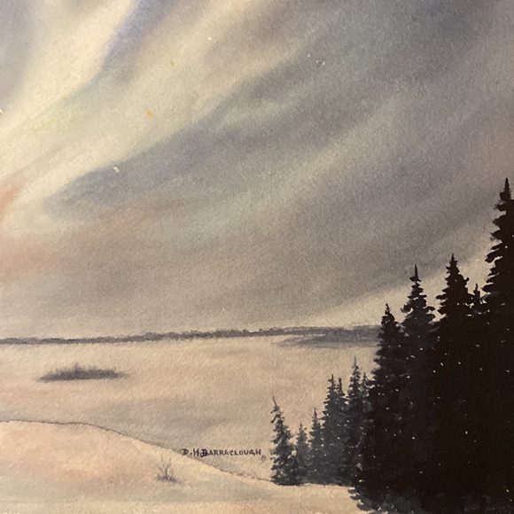 Unframed Original Art Watercolour Painting Aurora Borealis w Trees Ice & Snow - Picture 3 of 5